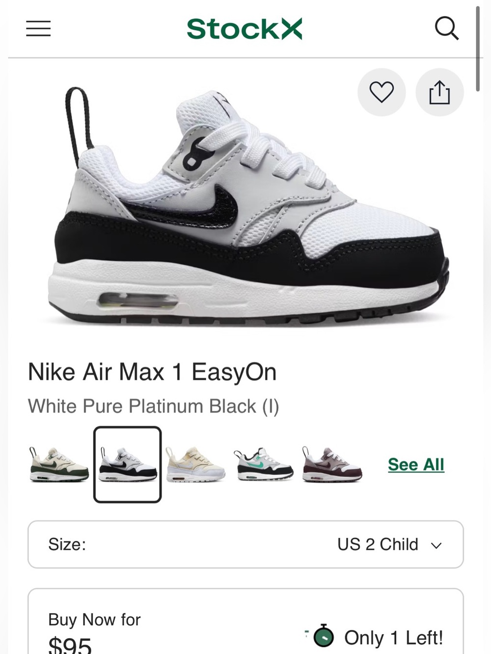 Nike Air Max 1 EasyOn
White Pure Platinum Black (I)